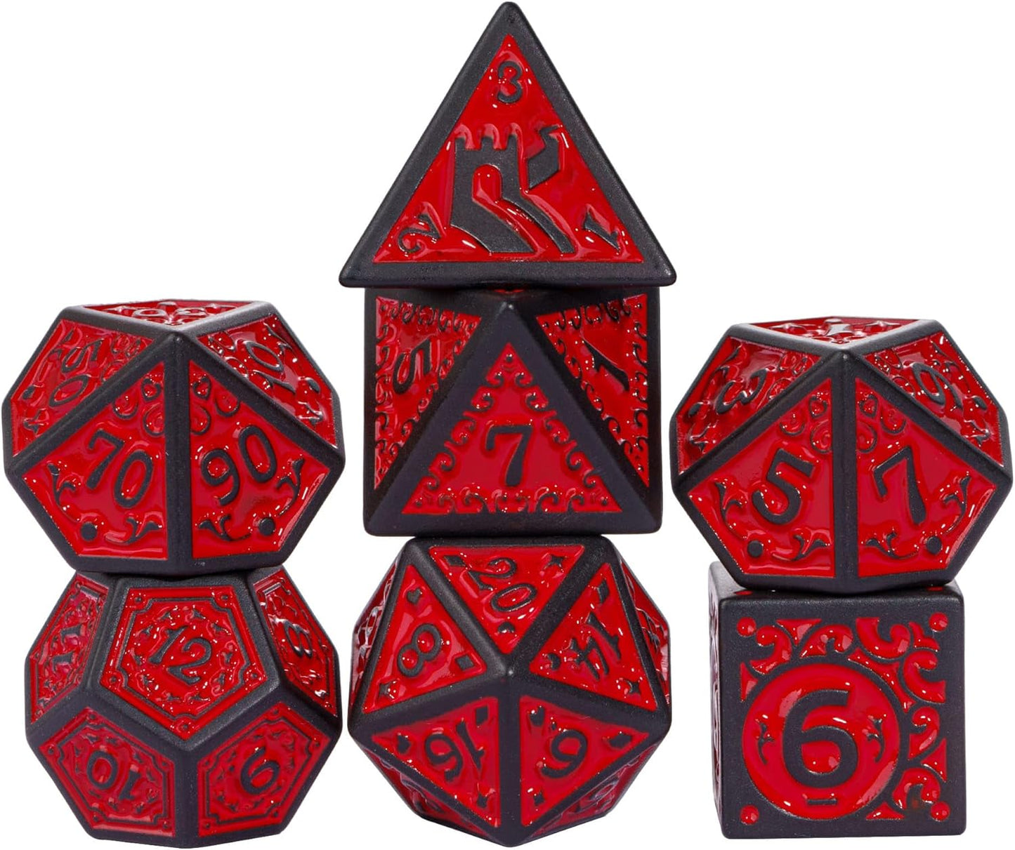 7-Die DND Dice Set New Pattern Polyhedral Dice Set with Leather Bag D&D Die for RPG Table Games(Black Red)