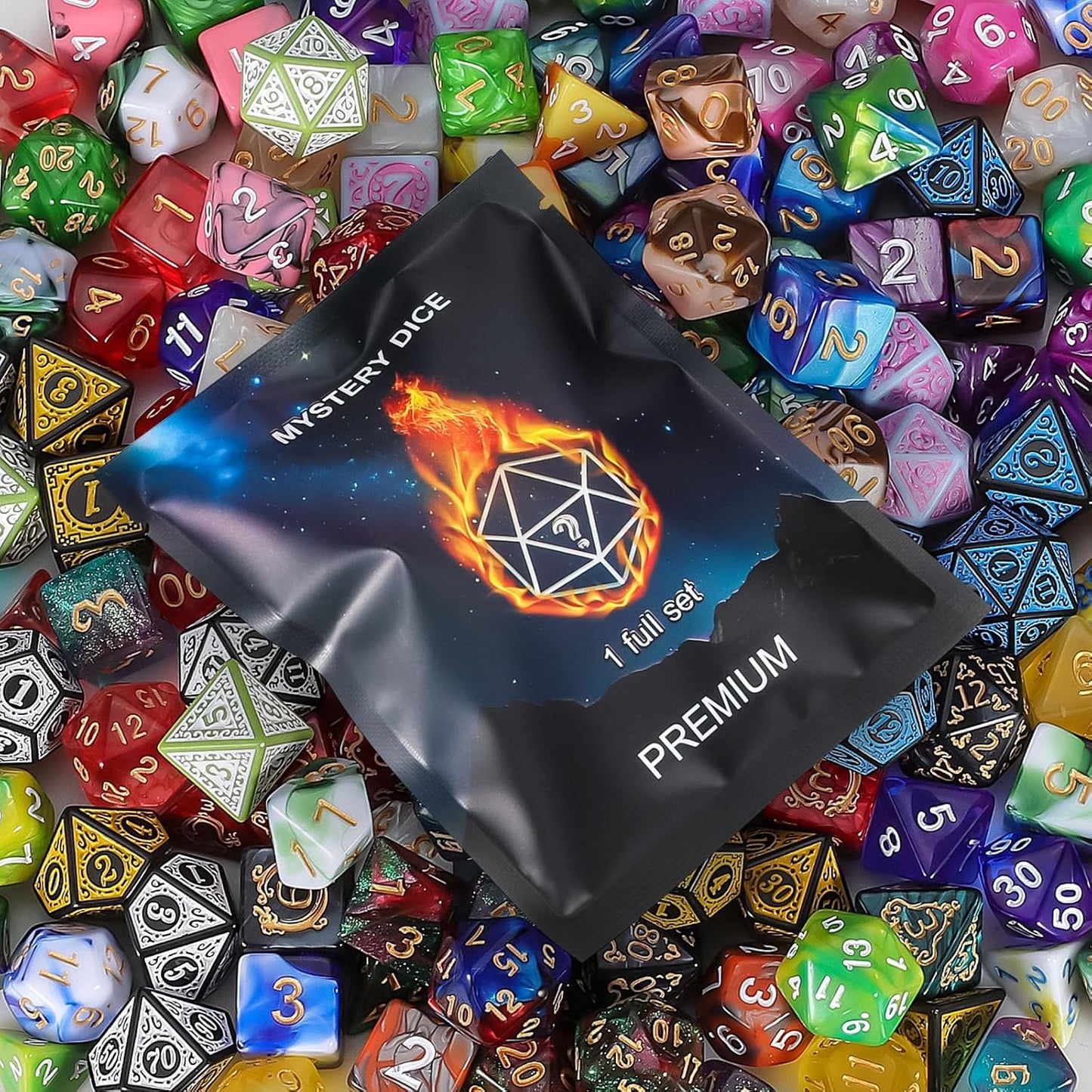 QMAY Polyhedral Dice - 48PCS Mystery Dice Set, Various Styles, Random D&D Dice Patterns & Dice Bag, 6 Mystery Bags, DND Gifts, Suitable for Dungeons and Dragons, RPG, MTG,Role Playing Table Game