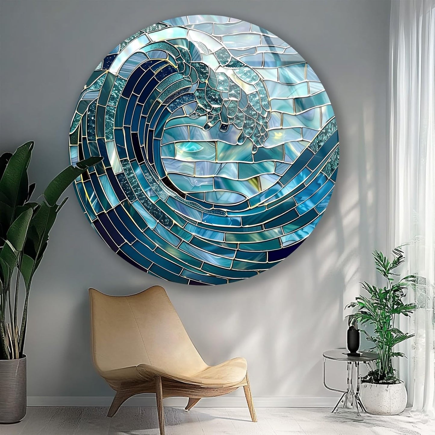 My Photostation.com 27.5''(70cm) Diameter Ocean Wave in Blue Mosaic Round Glass Wall Art Tempered Glass Printing Wall Decor Large Wall Art Wall Hangings