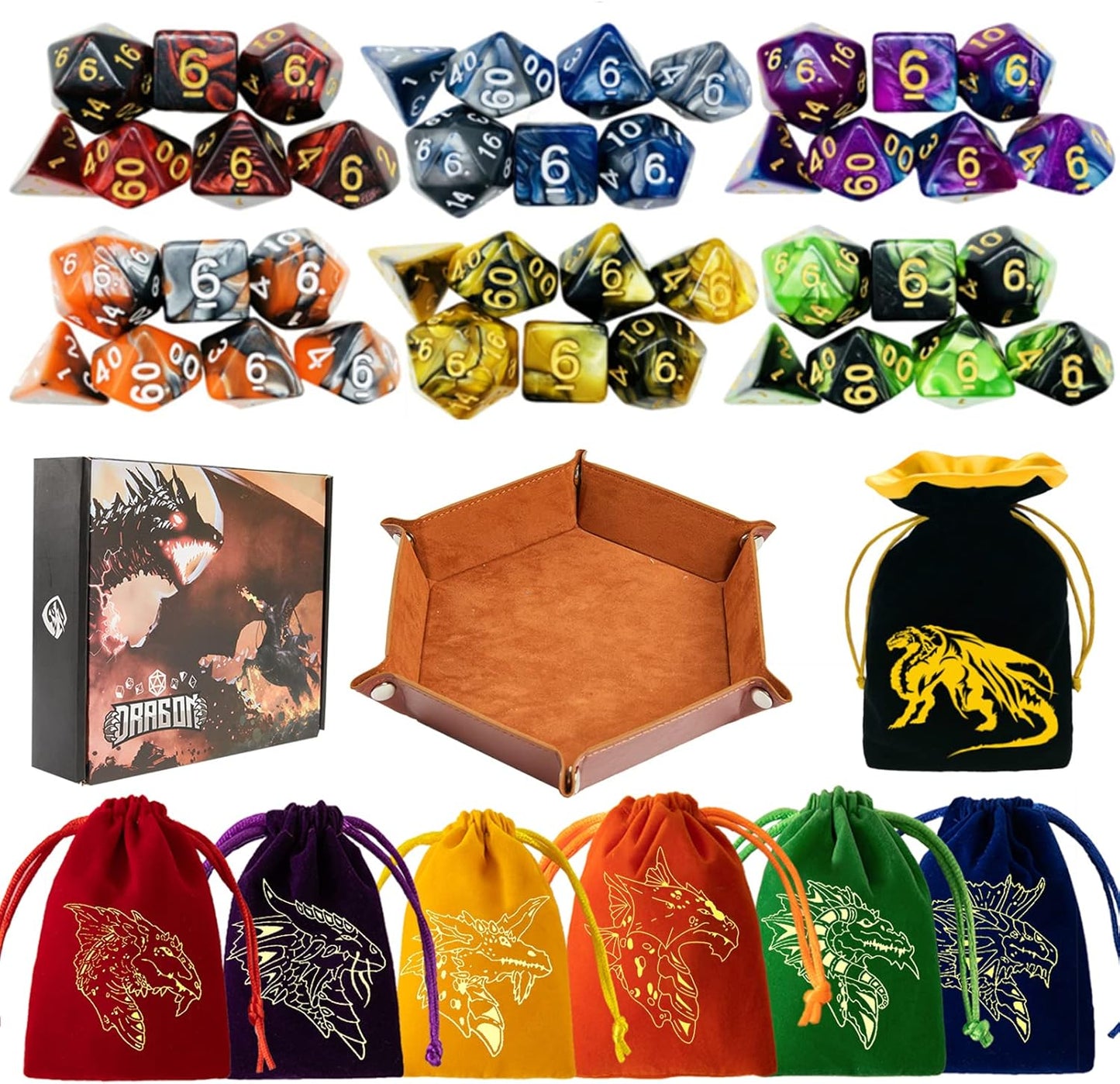 DND Dice Set 42 Pcs Polyhedral Dungeons and Dragons Rolling Dice for D&D RPG MTG Table Games Dice Bulk with Colorful Drawstring Bags and Dice Tray (Double-Color)