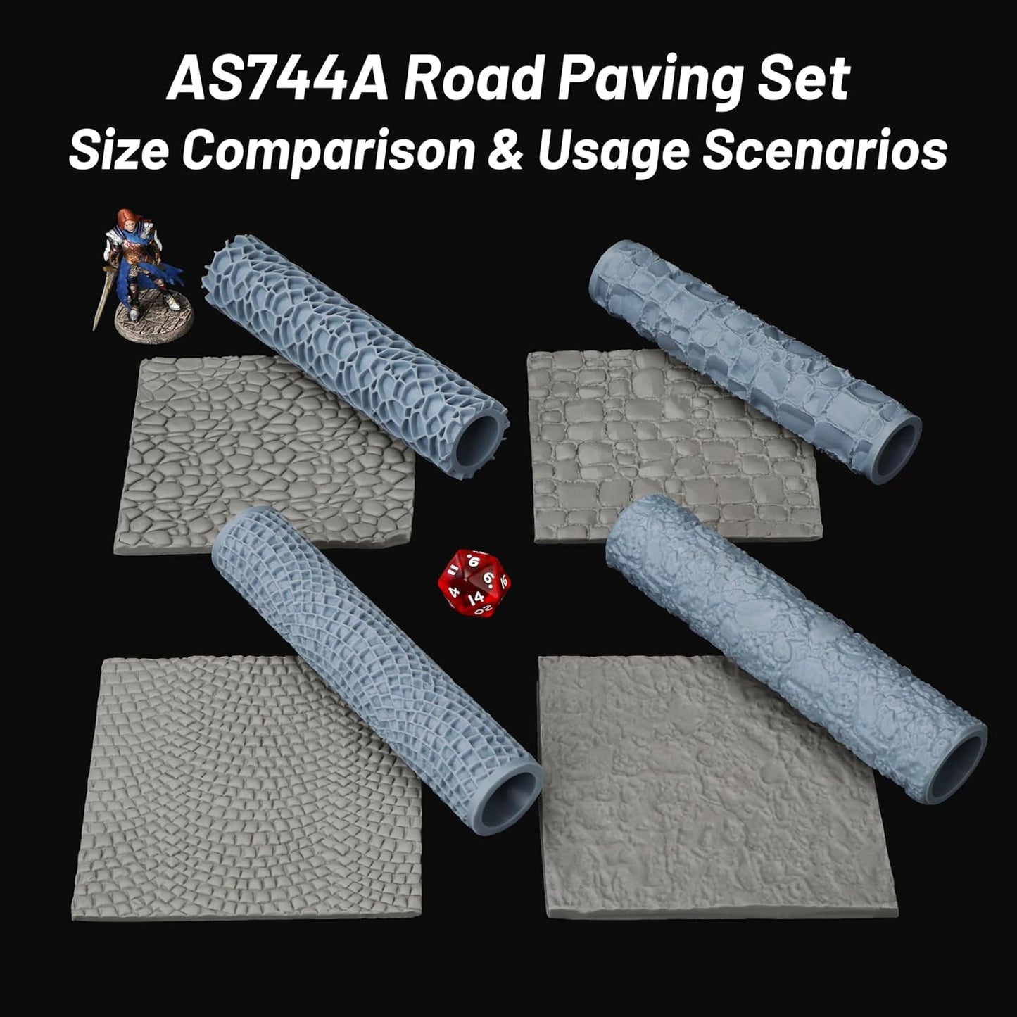 RPG Terrain Texture Roller for Foam and Clay Modeling- Professional for Dungeon Walls, DND Terrain Sets, TTRPG Buildings, and Role Playing Table Maps- AS744A Road Paving