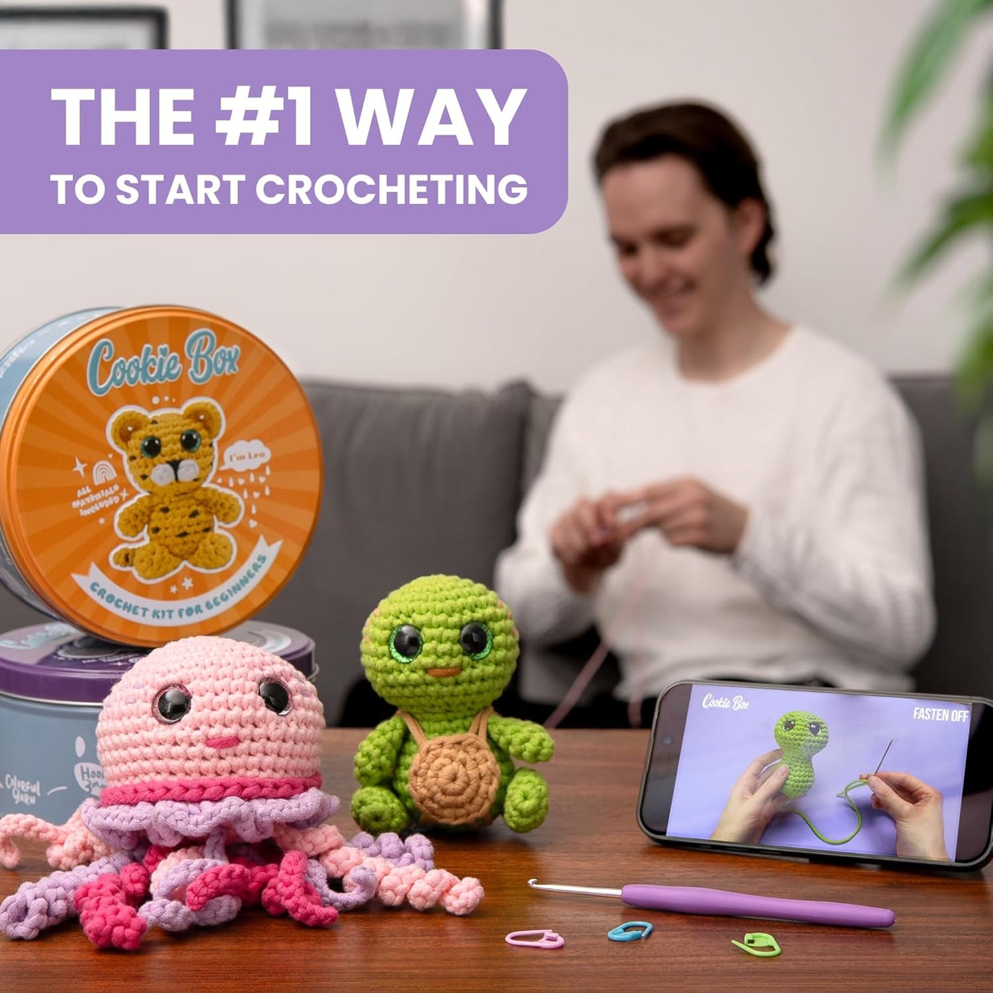Cookie Box Crochet Kit for Beginners – Gift Set to Make Jellyfish Jenny Amigurumi Plushie – Easy DIY Crochet & Knitting Starter Kit with Video and PDF Tutorials