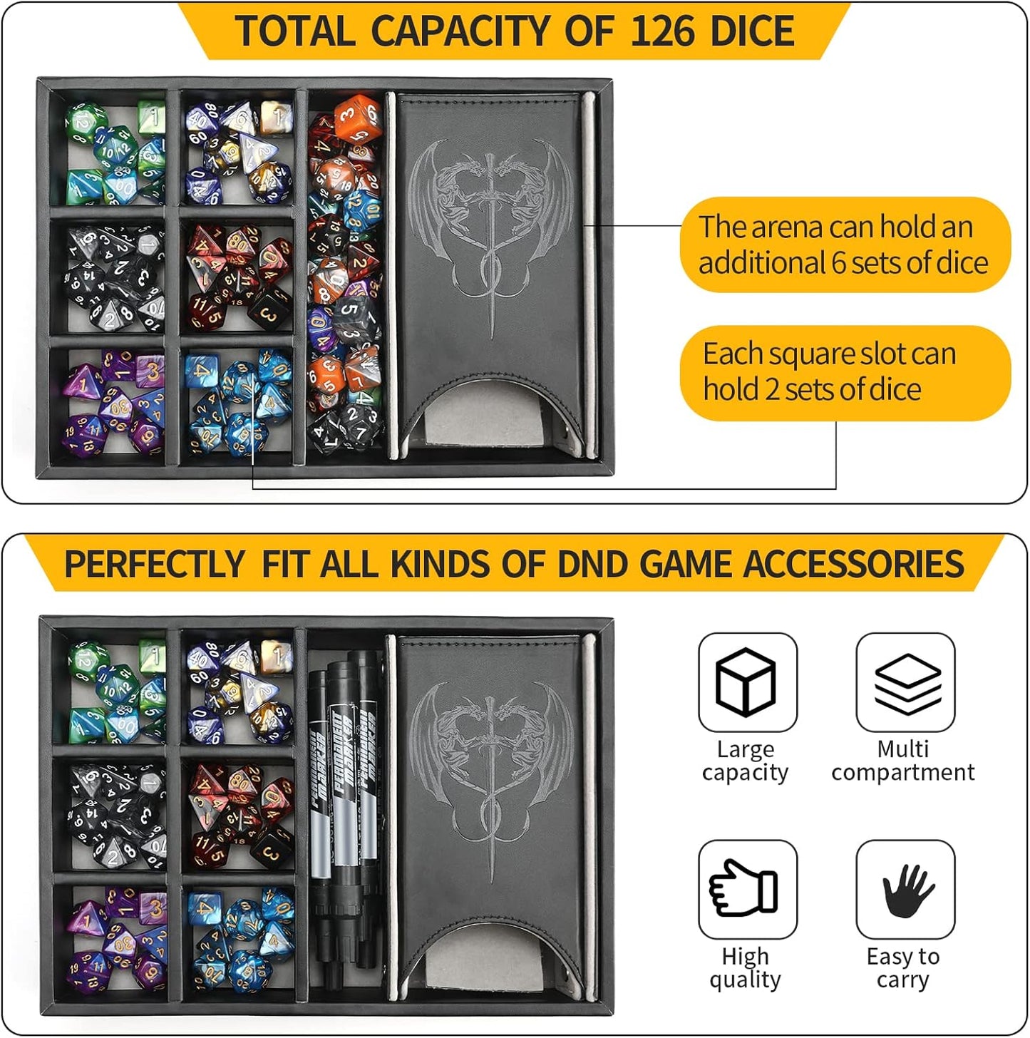 3 in 1 Dice Tray with Lid and Storage Tower, Portable Dice Box Holder for D&D RPG MTG Table Games - Gray