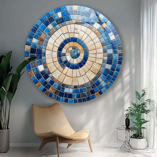 My Photostation.com 27.5''(70cm) Diameter Coastal Sunburst Beige & Blue Round Glass Wall Art Tempered Glass Printing Wall Decor Large Wall Art Wall Hangings