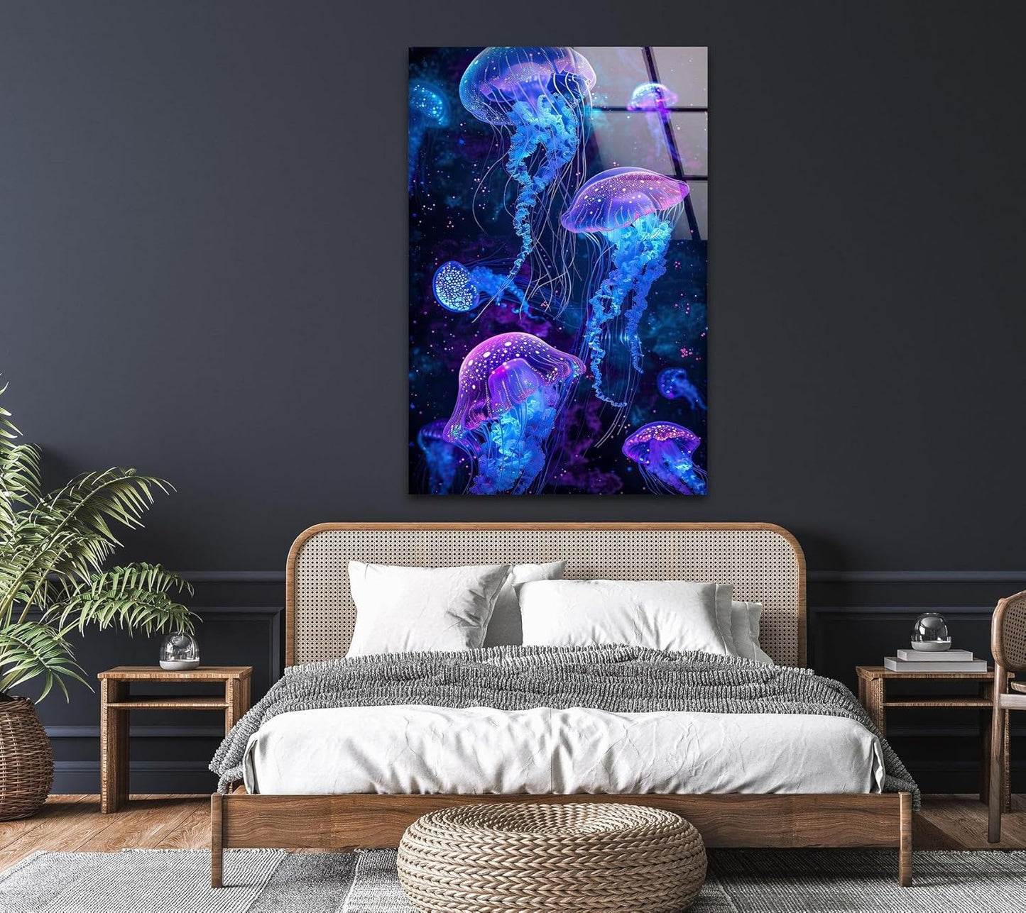 My Photostation.com 27Wx43H'' Glowing Jellyfish Glass Wall Art Tempered Glass Printing Wall Decor Large Wall Art Wall Hangings