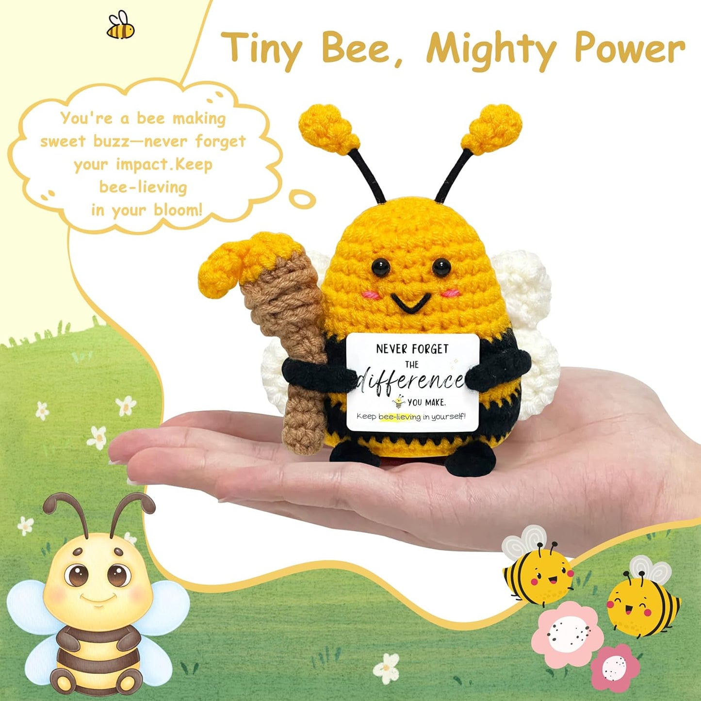 Funny Birthday Gifts for Women Men - Crochet Bee Animals with Positive Card, Appreciation Gifts for Coworker Boss Friend Sister, Inspirational Relaxation Gift Emotional Cheer Support Crochet Bee