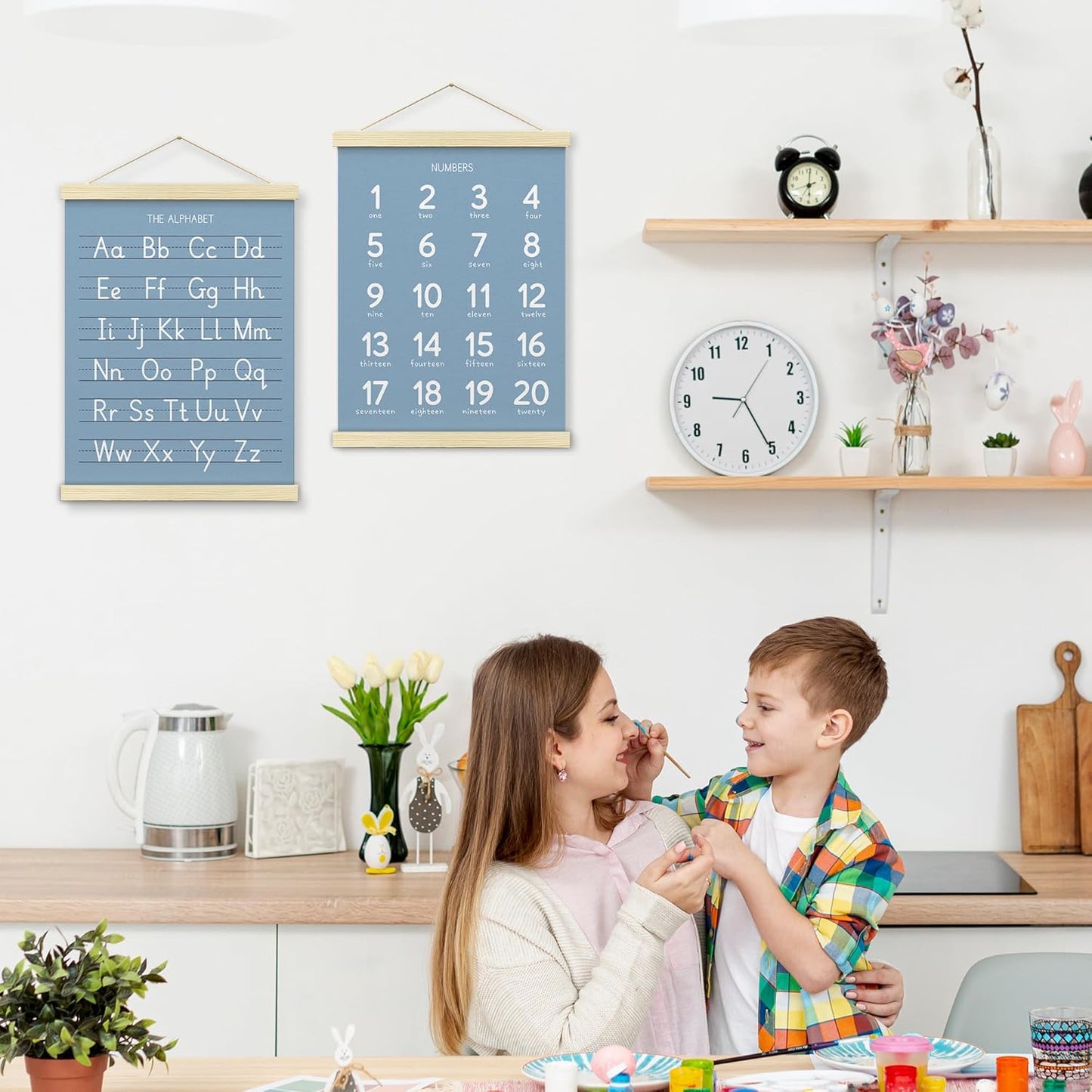 BONETAT Numbers alphabet poster for Nursery Toddlers, Play Room Wall Decor,ABC Wall Chart, Wall Hanging Decor for Toddler Playroom Decor Kids Wall Decor, Wooden Frame Alphabet Banner-A07