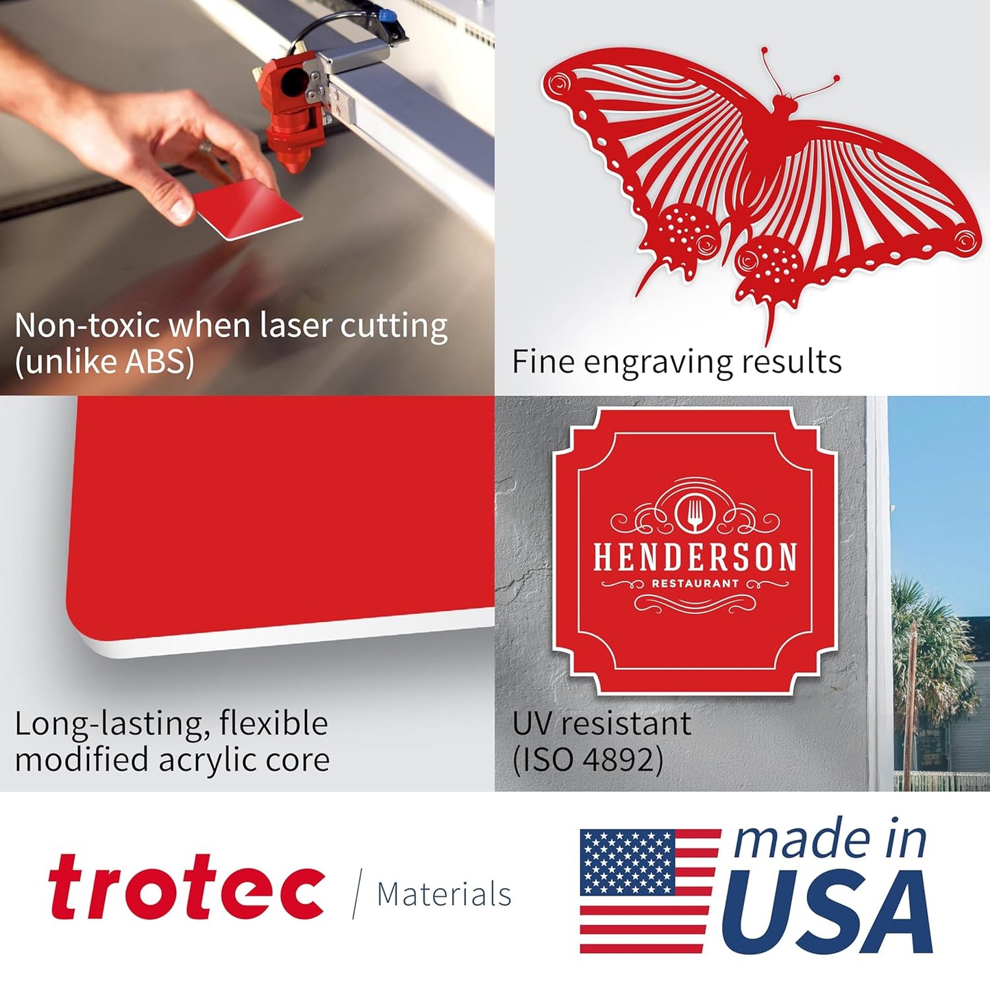 Trotec TroLase | 12"x12"x1/32", 8 Pcs | Red/White | 2 Ply | Modified Acrylic | Laser Engraving Double Color Plastic Sheet | Engraving Blanks for Laser, Saw, Guillotine | Made in USA
