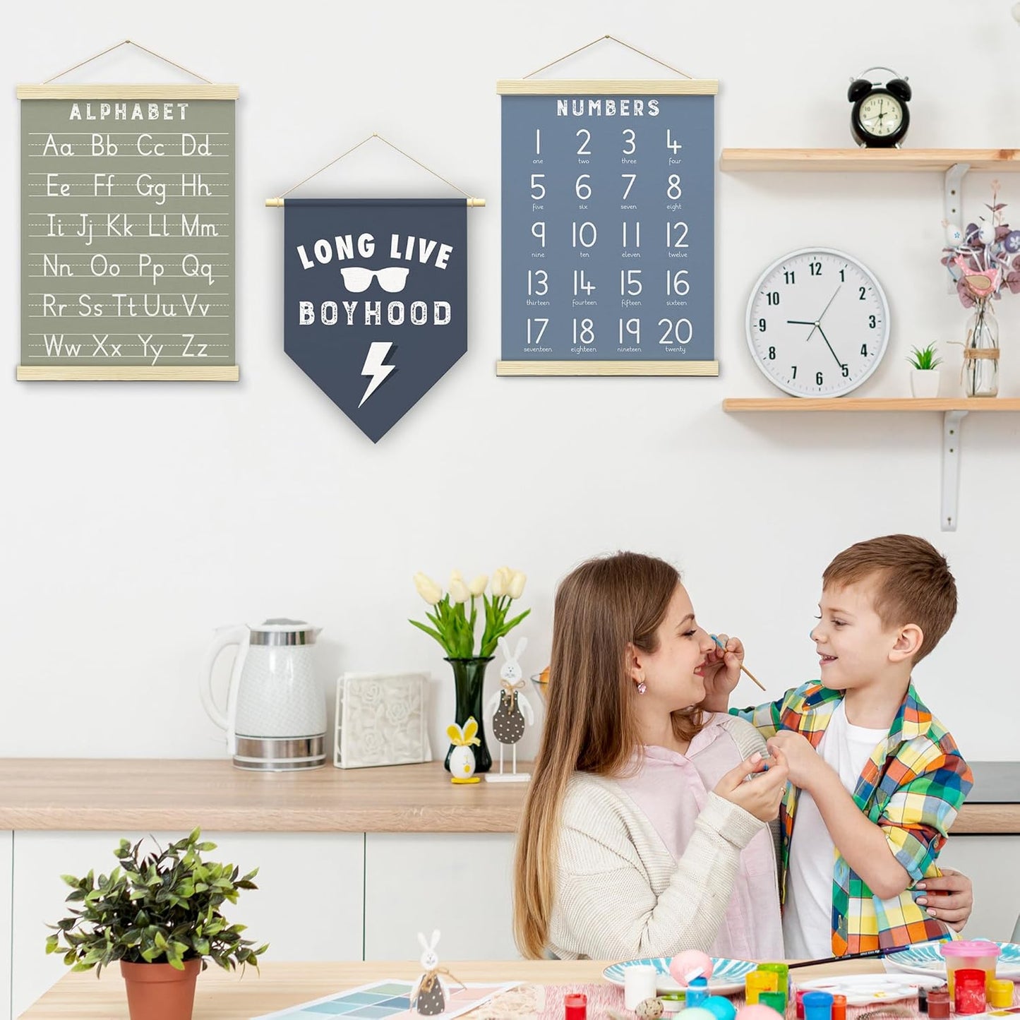 BONETAT Numbers alphabet poster for Nursery Toddlers, Play Room Wall Decor, ABC Wall Chart, Wall Hanging Decor for Toddler Playroom Decor Kids Wall Decor, Wooden Frame Alphabet Banner-A05