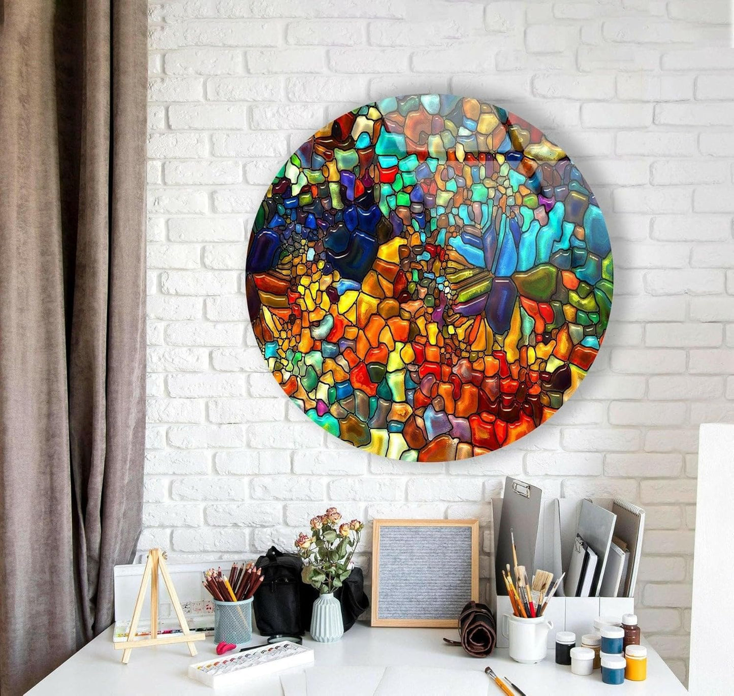 My Photostation.com 20''(50cm) Diameter Red Mosaic Round Glass Wall Art Tempered Glass Printing Wall Decor Large Wall Art Wall Hangings