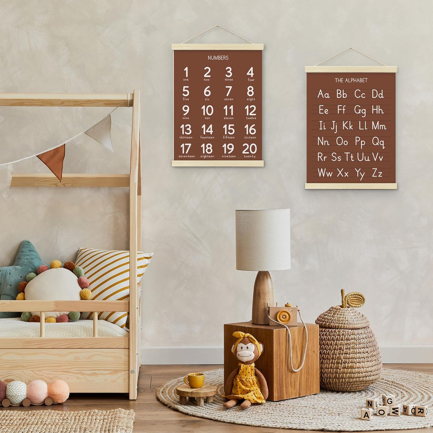 BONETAT Numbers alphabet poster for Nursery Toddlers,Correct Letter Formation on Line Paper, Play Room Wall Decor,ABC Wall Chart,Preschool Homeschool Decor Kids Wall Decor,Wooden Alphabet Banner-A09