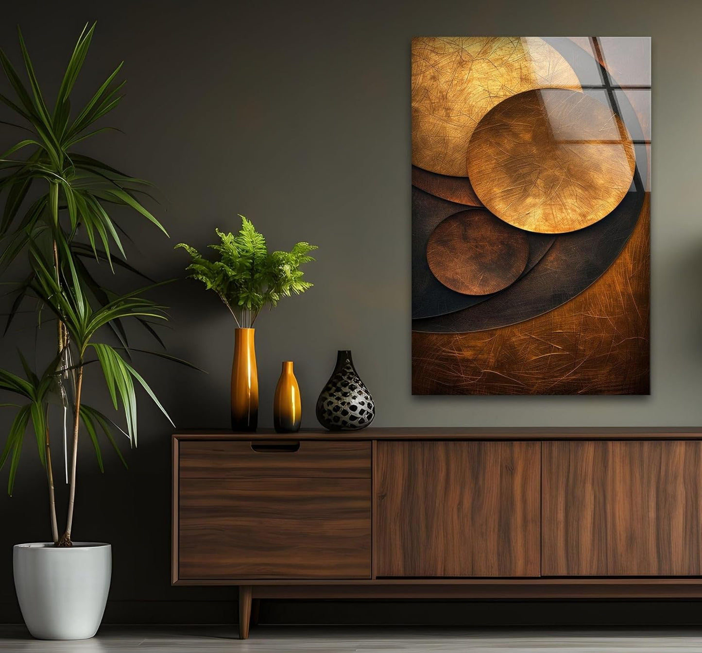 My Photostation.com Round 24'' Bronze Art Deco Geometric Motifs Glass Wall Art Tempered Glass Printing Wall Decor Large Wall Art Wall Hangings