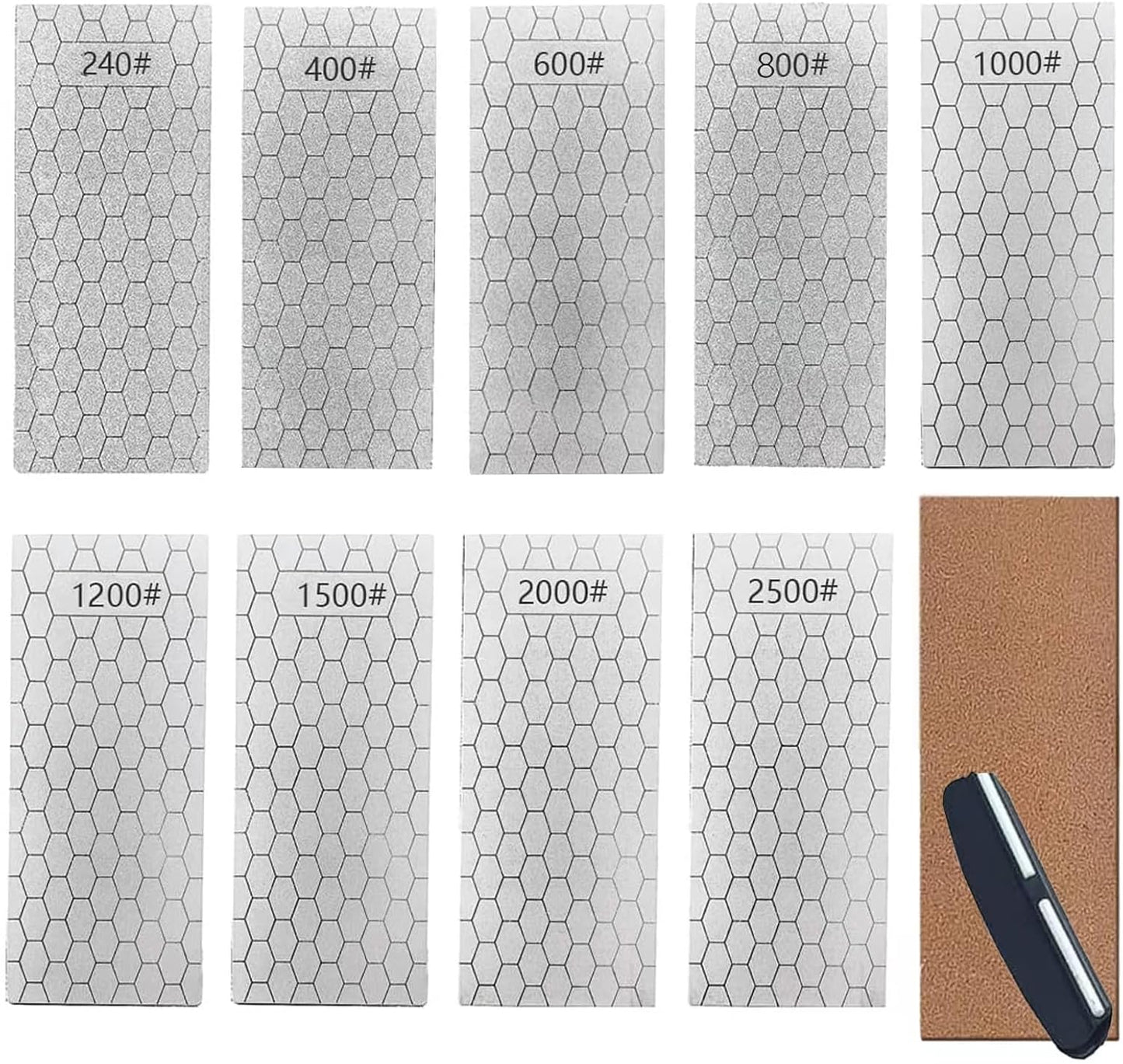 Diamond Sharpening Stone, Honeycomb Surface Plate with Non-slip Base for Pocket Knives Scissors (240/400/600/800/1000/1200/1500/2000/3000 Grit, with Angle Guide and Leather)