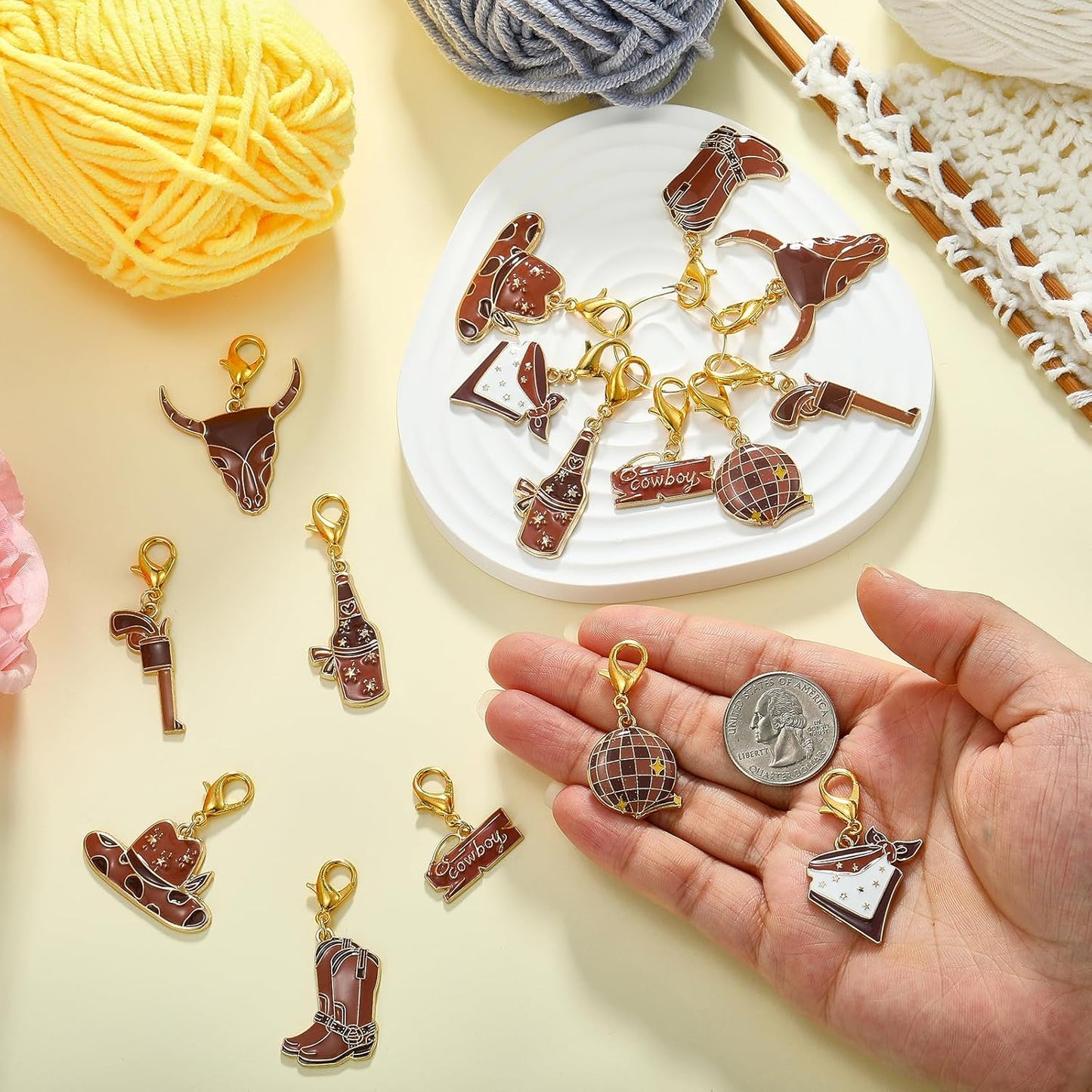 BEEFLYING 16Pcs Cowboy Stitch Marker Charms for Crocheting and Knitting, 8 Styles Brown Alloy Enemal Crochet Knit Stitch Marker Pendant with Leverback Clasp for Knitting Crocheting Accessories