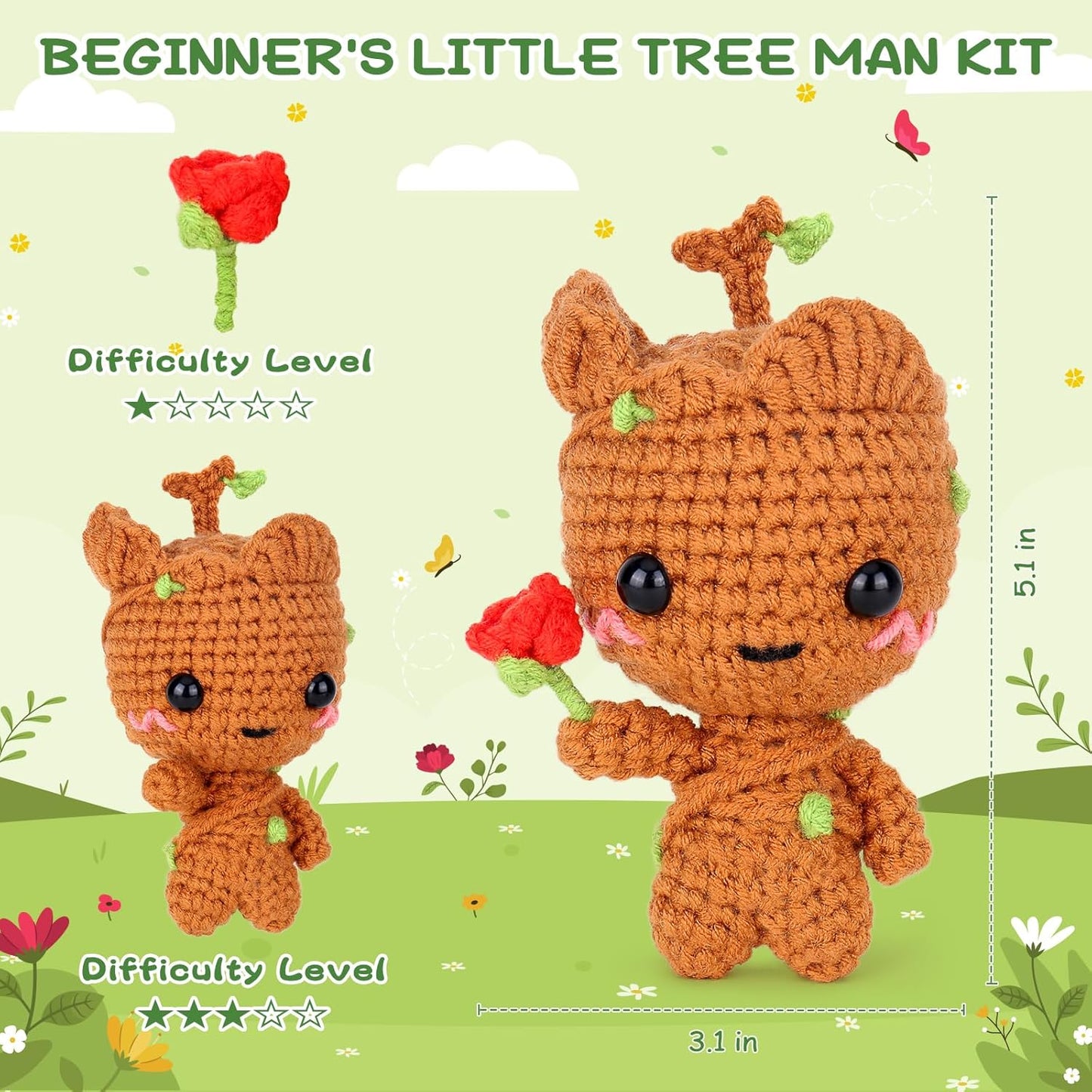 Crochetta Crochet Kit for Beginners, Crochet Starter Kit w Step-by-Step Video Tutorials, Beginner Crochet Kit for Adults Kids Women Men Complete Kit Included (Little Tree Man)