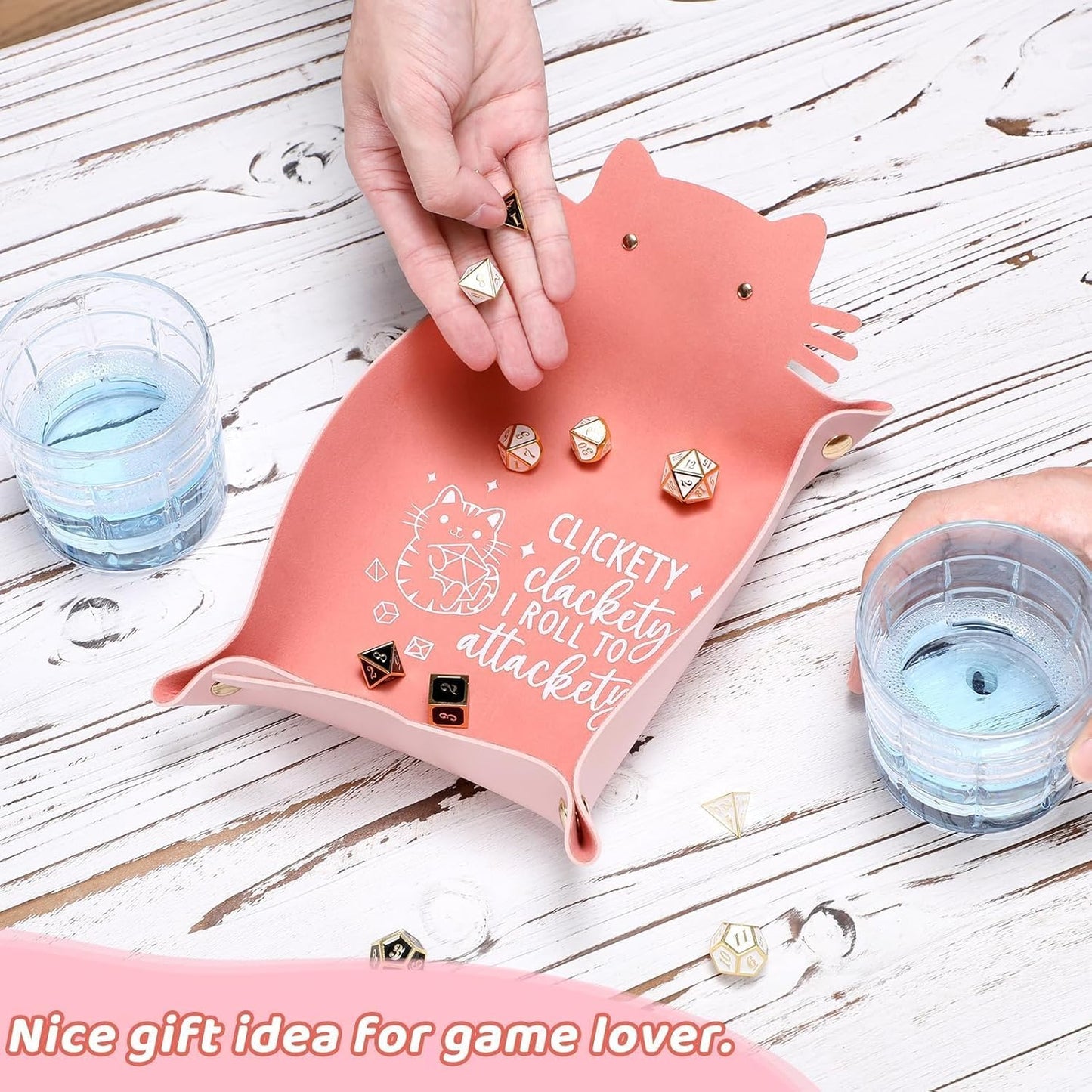 Cat Dice Tray Pinkk for Rolling Funny Folding Leather Dice Tray Portable Travelling Dice Storage Accessories Decorative Desk Organizer for RPG, DND Game Players