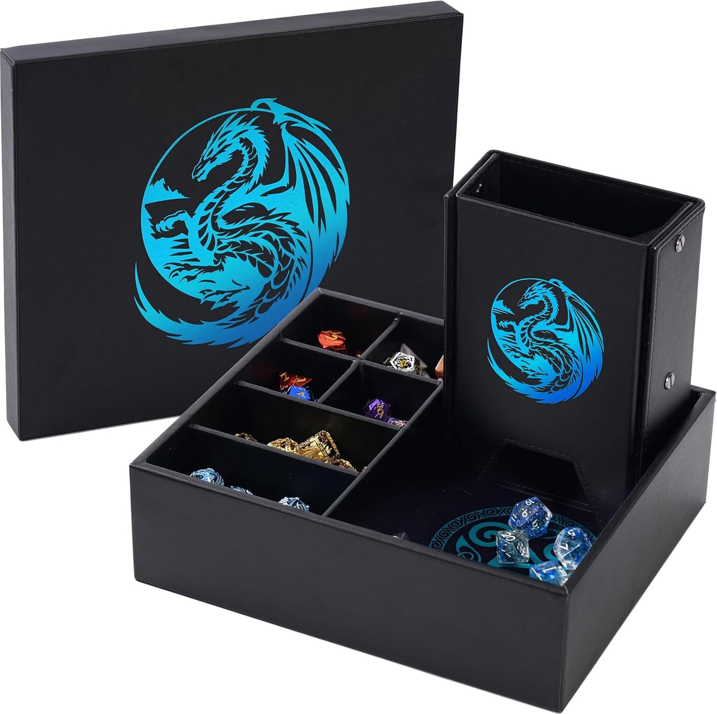 Soar Forge Dice Tray and Dice Tower for DND and RPG - All-in-One Game Roamer Tray & Large Tower for Random Rolls - Stores Your Sets, Mini's and More Compatible with D&D (Blue Dragon)
