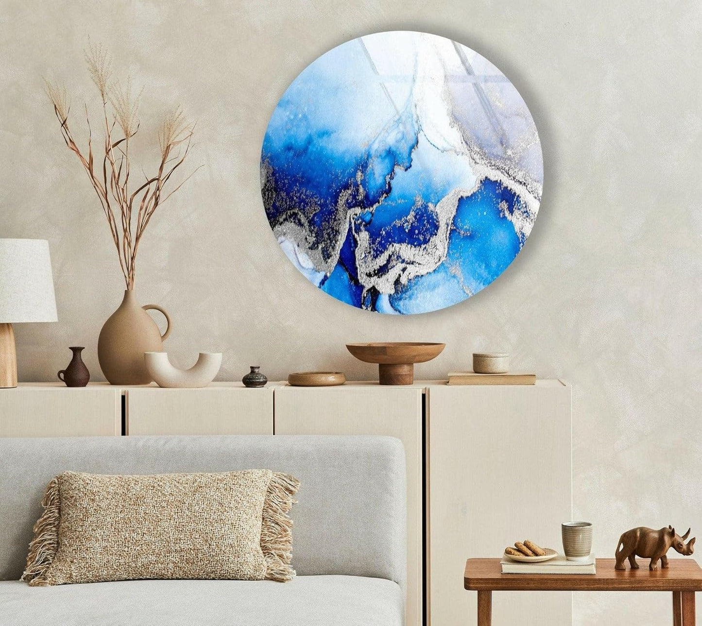 My Photostation.com 27.5''(70cm) Diameter Blue Marble Round with Silver Details Glass Wall Art Tempered Glass Printing Wall Decor Large Wall Art Wall Hangings