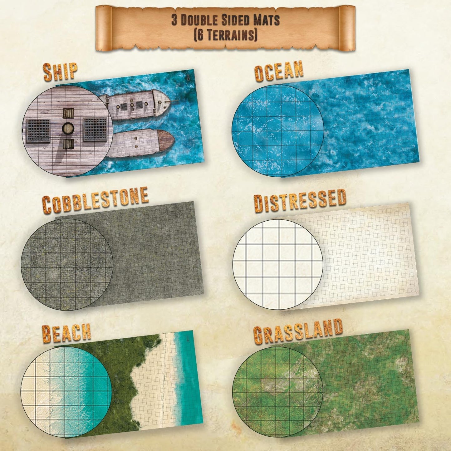 Melee Mats DND Map Starter Kit for Dungeons and Dragons Game - 24” x 36" 3 Pack Double Sided, Wet/Dry Erase Battle Terrain Grid - Ultimate Tabletop Board Gaming Experience with Accessories