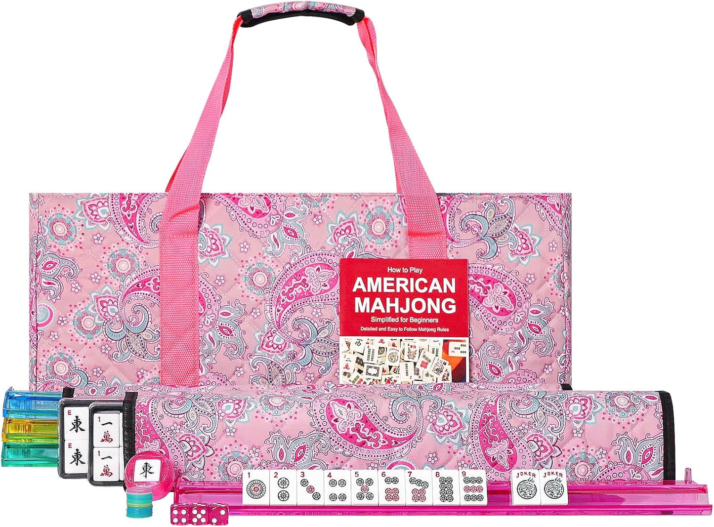 American Mahjong Game Set, 166 White Tiles, 4 All-in-One Color Rack/Pushers, Complete Mahjong Set with Pink Printed Carrying Bag