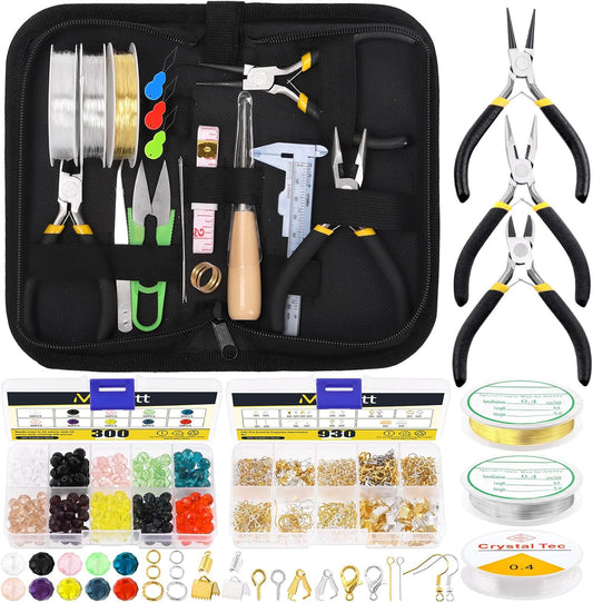 Mardatt 1250Pcs Jewelry Making Supplies Kit Includes 10 Colors 8mm Crystal Beads, Jewelry Pliers, Wires, Jump Ring Opener, Tweezers, Awl, Thimble Ring Jewellry Accessories for Jewellry Repair