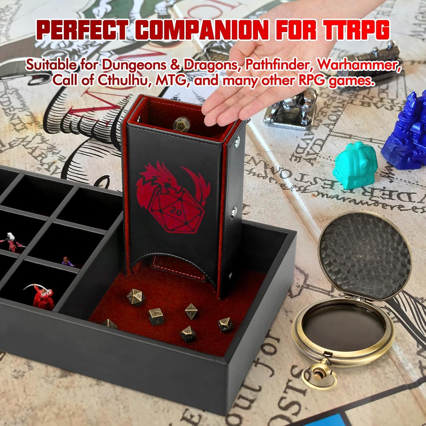 DND Dice Tray & Tower Storage Box, 4 in 1 D&D Dice Holder Case (Dice Rolling Tray, Dice Roller Tower, Dice & Miniature Storage), Great RPG Accessories Gifts for Dungeons and Dragons MTG DM & Player
