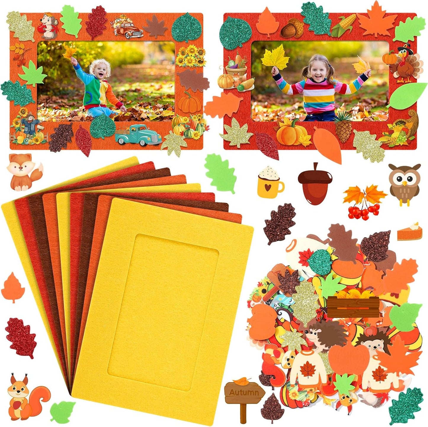 Ferraycle 232 Pcs Fall DIY Picture Frames Craft Kit Thanksgiving Felt Photo Frames with Leaves Pumpkin Harvest Crafts with Foam Stickers for Autumn Party Favor(Multi Color,Classical)