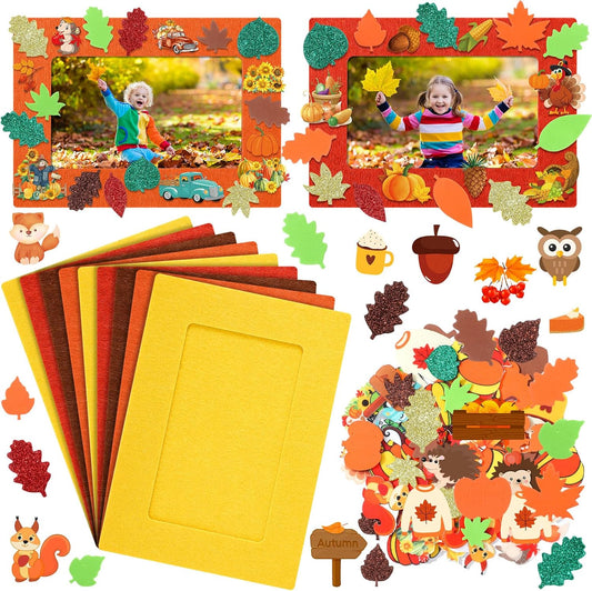 Ferraycle 232 Pcs Fall DIY Picture Frames Craft Kit Thanksgiving Felt Photo Frames with Leaves Pumpkin Harvest Crafts with Foam Stickers for Autumn Party Favor(Multi Color,Classical)