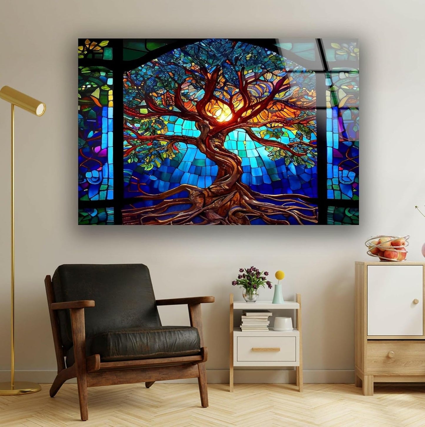 My Photostation.com Round 24'' Stained Blue Life of Tree Glass Wall ArtTempered Glass Printing Wall Decor Large Wall Art Wall Hangings