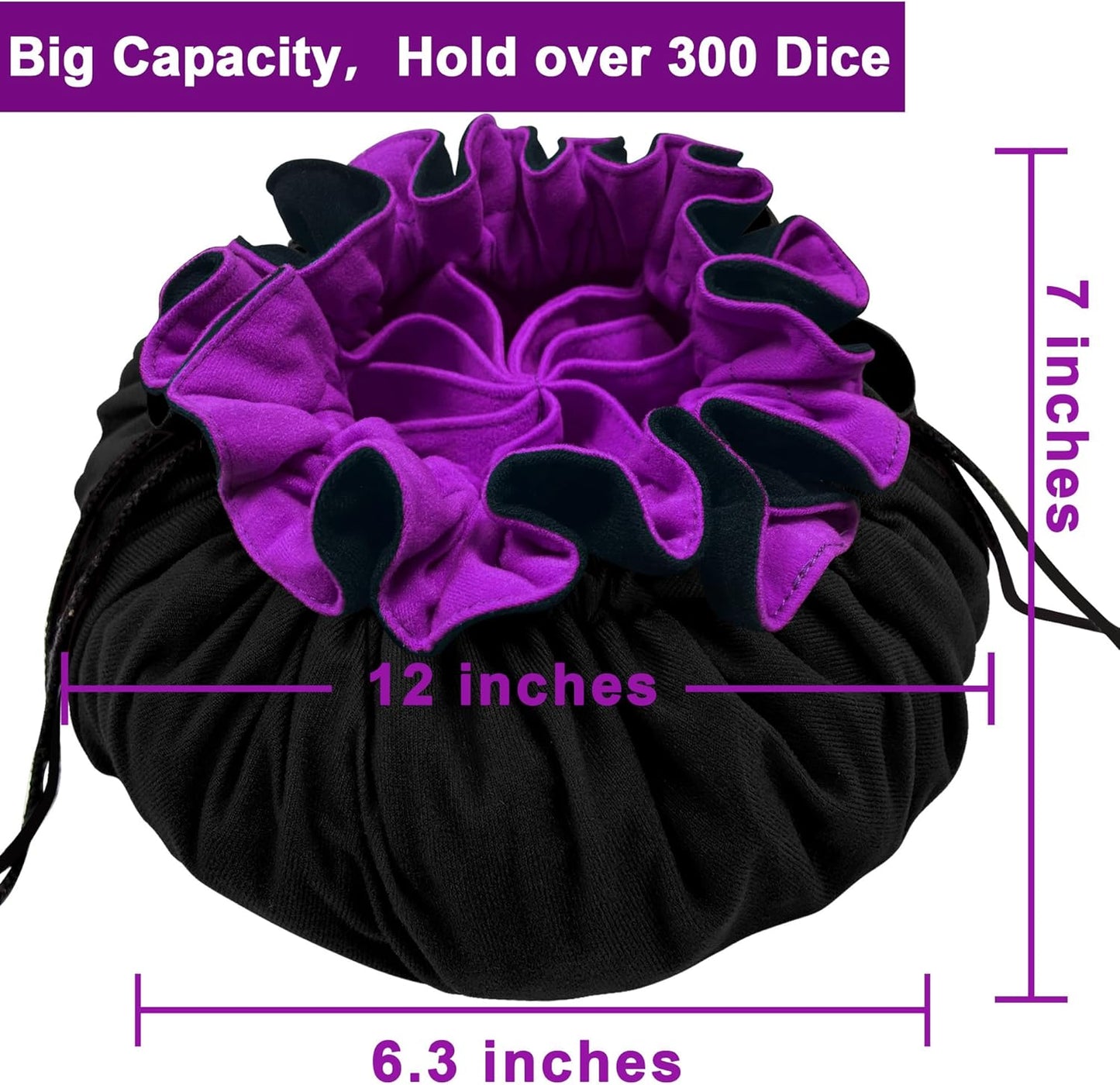 SIQUK Large Dice Bag with Pockets Drawstring Dice Bag DND Dice Storage Bag Big Capacity Dice Pouch for RPG MTG Table Games, Hold over 300 Dice (Black & Dark Violet)