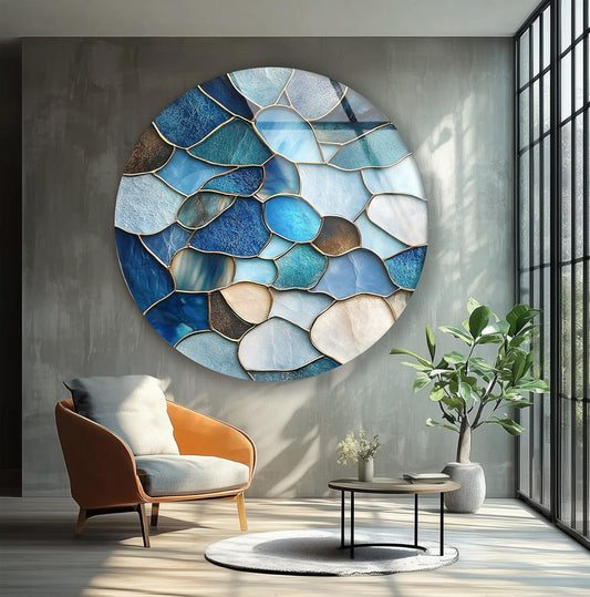 My Photostation.com 20''(50cm) Diameter Coastal Blue Stone Mosaic Round Glass Wall Art Tempered Glass Printing Wall Decor Large Wall Art Wall Hangings