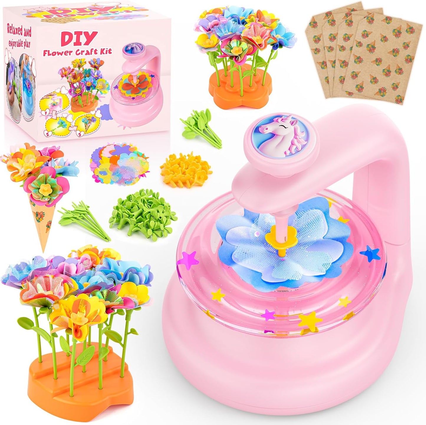 cosone Crafts Kits for Kids Ages 4-8, DIY Fabric Flower Bouquet Kit for 5 6 7 8 Year Girls Unicorn Flower Press Toys Educational Toy Preschool Birthday Gifts for Girls Handmade Activity Set - Pink