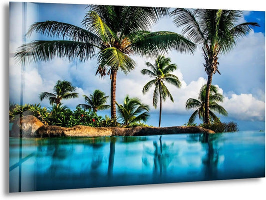 My Photostation.com 60WX40H'' Island & Blue Sea Glass Wall ArtTempered Glass Printing Wall Decor Large Wall Art Wall Hangings