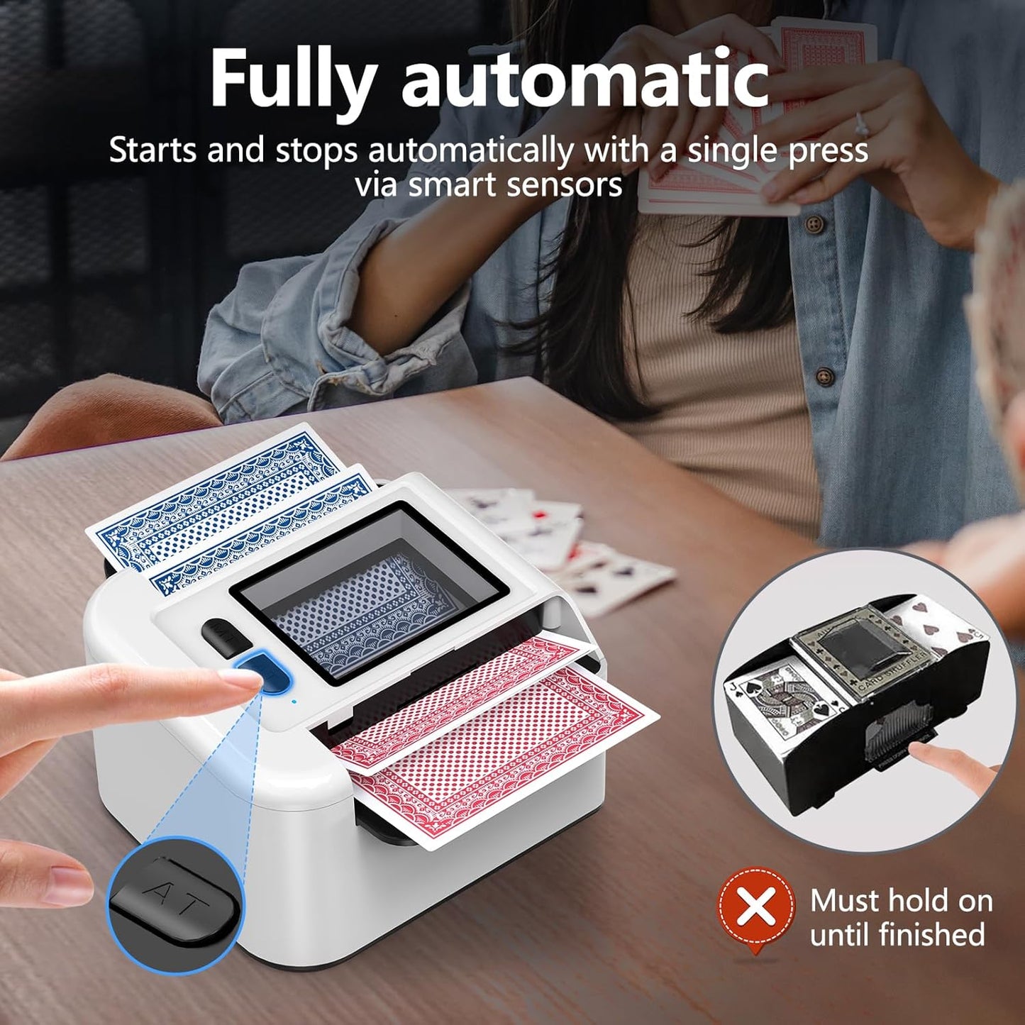 ShinePick Automatic Card Shuffler, Electric Shuffling Machine with 2000mAh Rechargeable Battery, Low Noise Card Shuffler - Automatic and Manual Mode for Poker, Phase 10, UNO, Skip-Bo