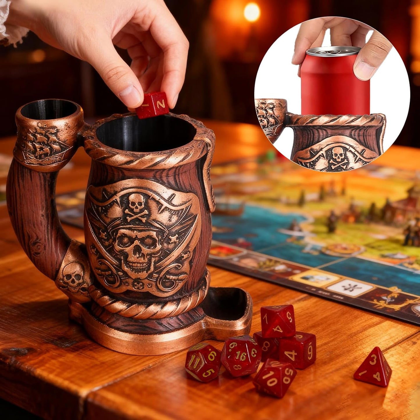 Dice Tower Mug, Dice Rolling Tower, Comes with 7 PCS Dice Set, Suitable for DND Dungeons and Dragons, Tabletop Games, Available As Drink Holder, D&D Gifts, DND Accessories (Wooden Skull)