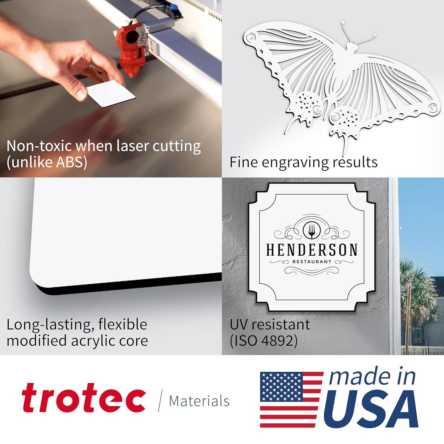 Trotec TroLase | 12"x12"x1/32", 8 Pcs | White/Black| 2 Ply | Modified Acrylic | Laser Engraving Double Color Plastic Sheet | Engraving Blanks for Laser, Saw, Guillotine | Made in USA