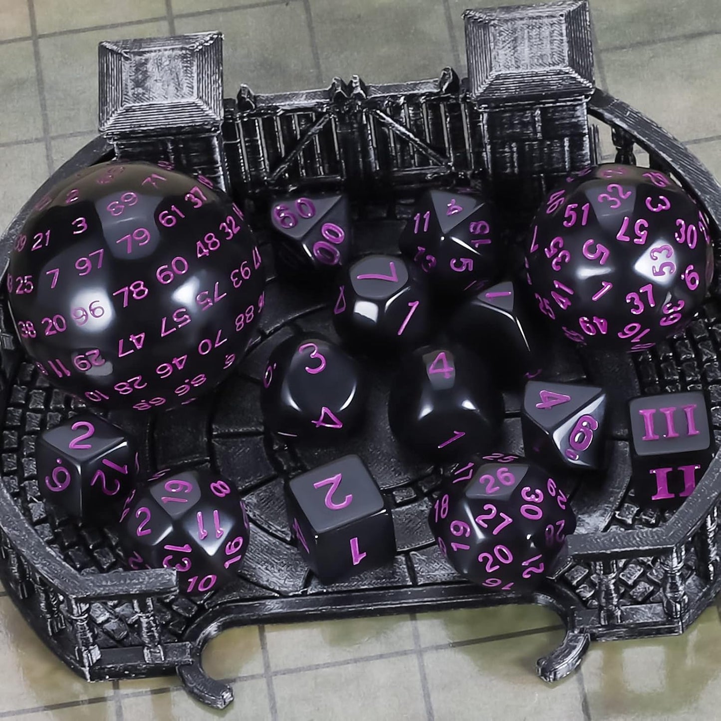 CiaraQ DND Polyhedral Dice Set (15pcs) D4-D100 Game Dice with Dice Bag for Dungeons and Dragons Role Playing Table Games (Black & Purple)