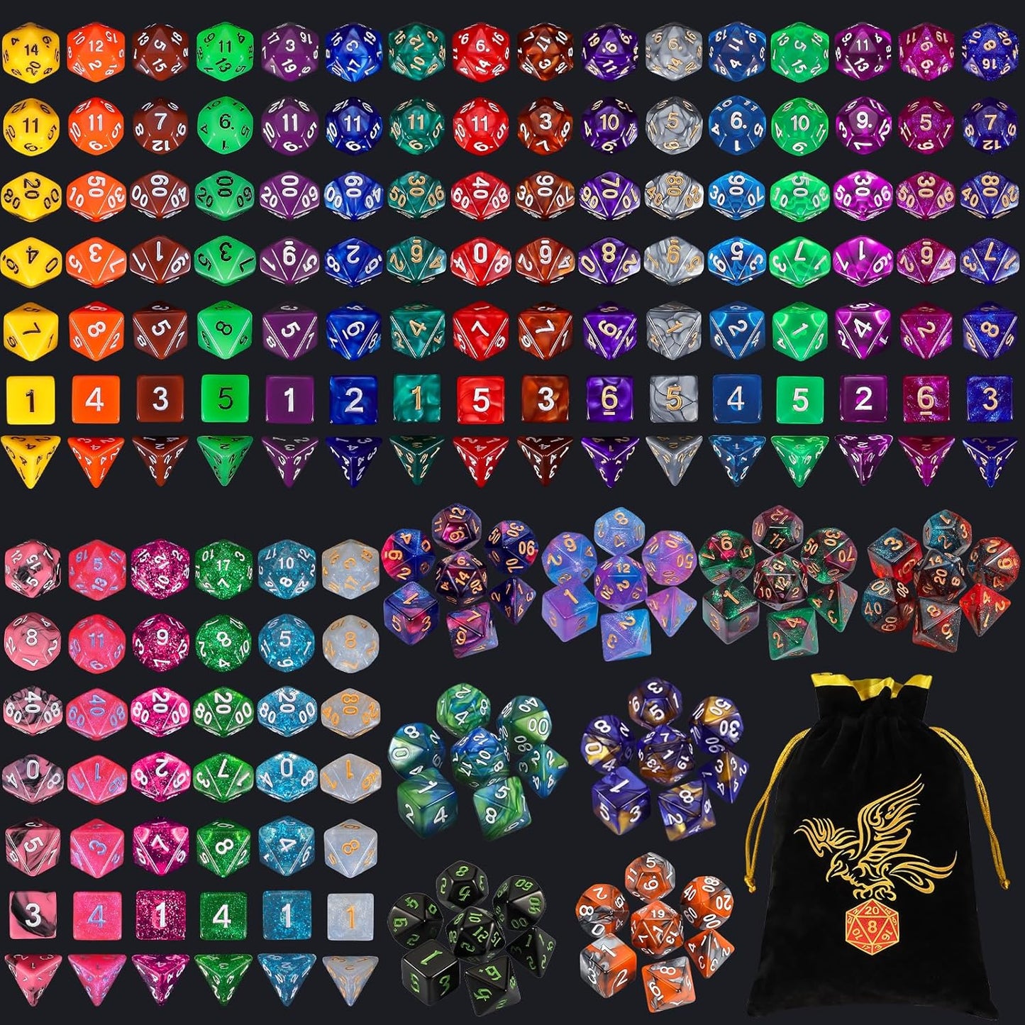 QMay 30 Sets Polyhedral Dice - 30 X 7 (210 Pieces) DND Dice with a D&D Dice Large Drawstring Bag, 30 Colors D4 D6 D8 D10 D% D12 D20, Great for Dungeons and Dragons, RPG, MTG,Role Playing Table Games