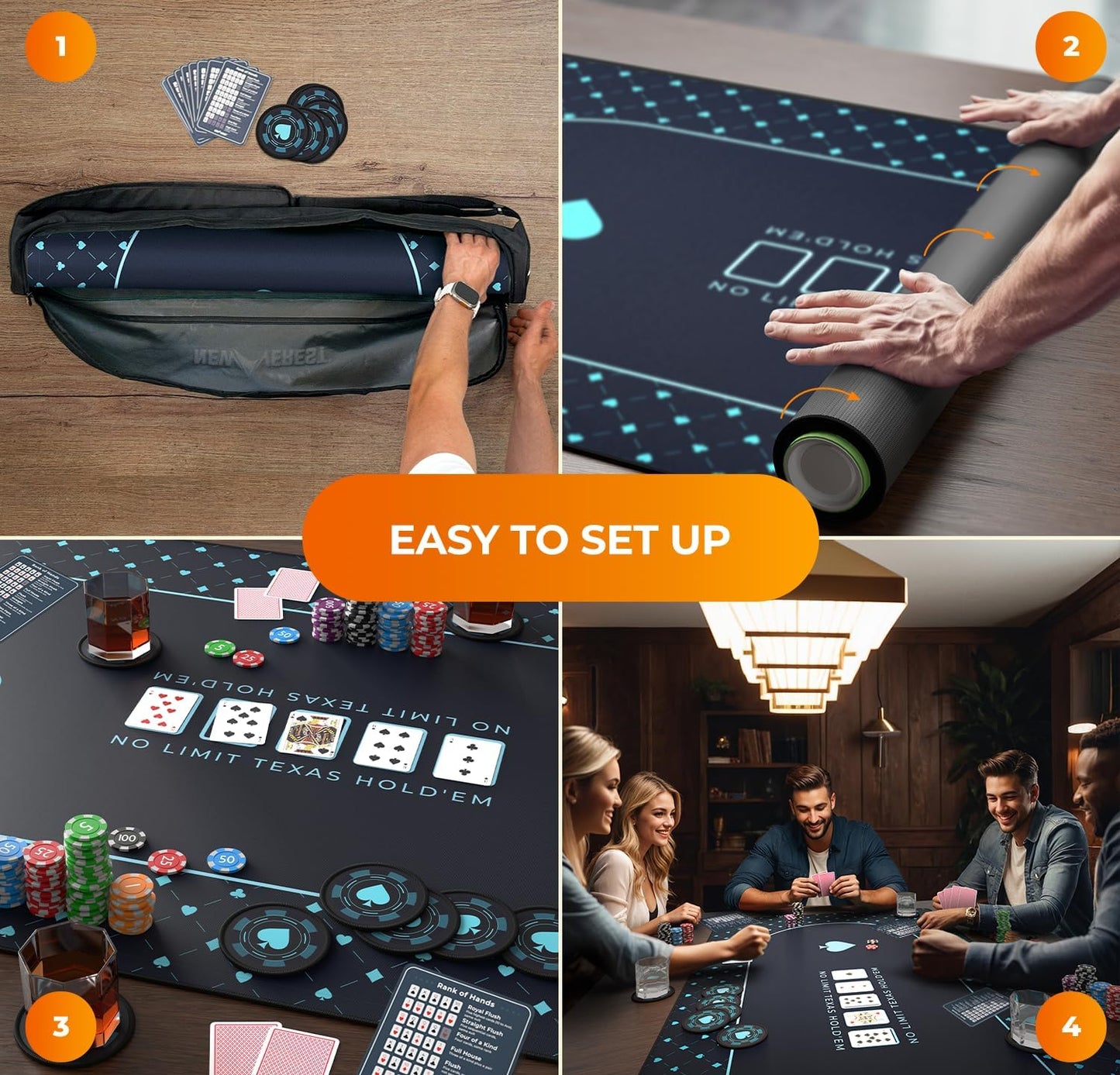 Newverest Poker Table Top 70" x 35", Texas Hold'em Poker Mat for Home Game Nights Up to 10 Players, Casino| Poker Topper Cloth for Tables in Zipper Storage Bag with 8 Coasters in Poker Gift-Ready Box