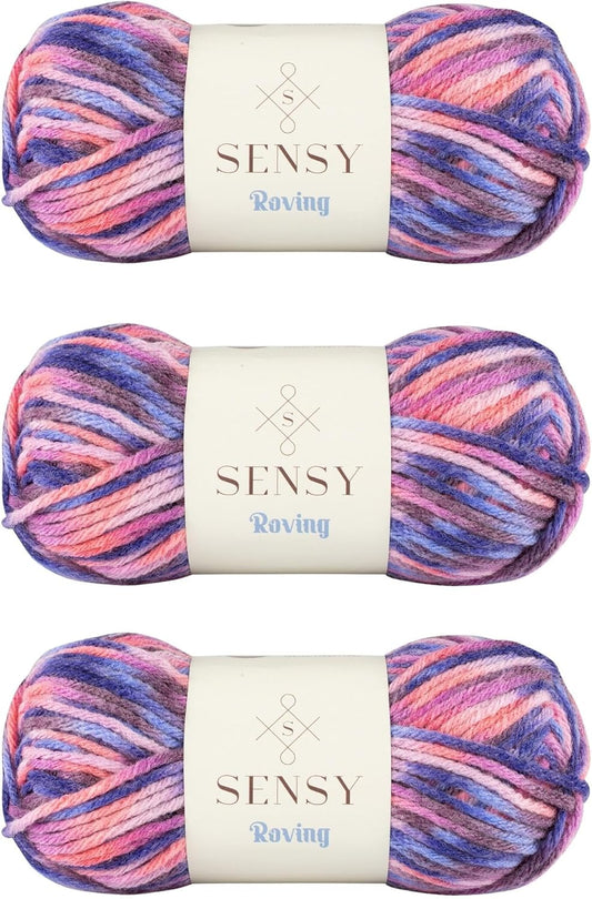 3 Skeins of Sensy Roving Multi Color Yarn, 3.5 oz, 132 Yards, Gauge 5 Bulky (Purple Sky)