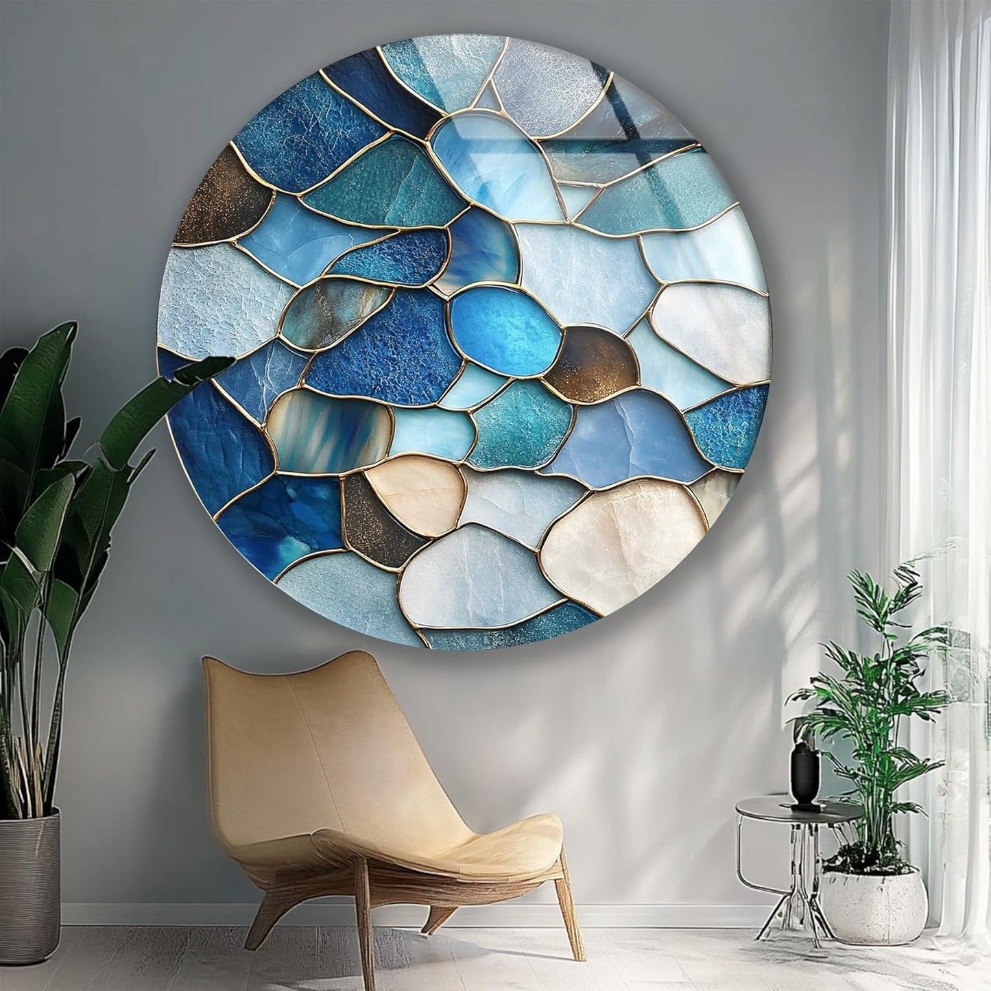 My Photostation.com 39,4''(100cm) Diameter Coastal Blue Stone Mosaic Round Glass Wall Art Tempered Glass Printing Wall Decor Large Wall Art Wall Hangings