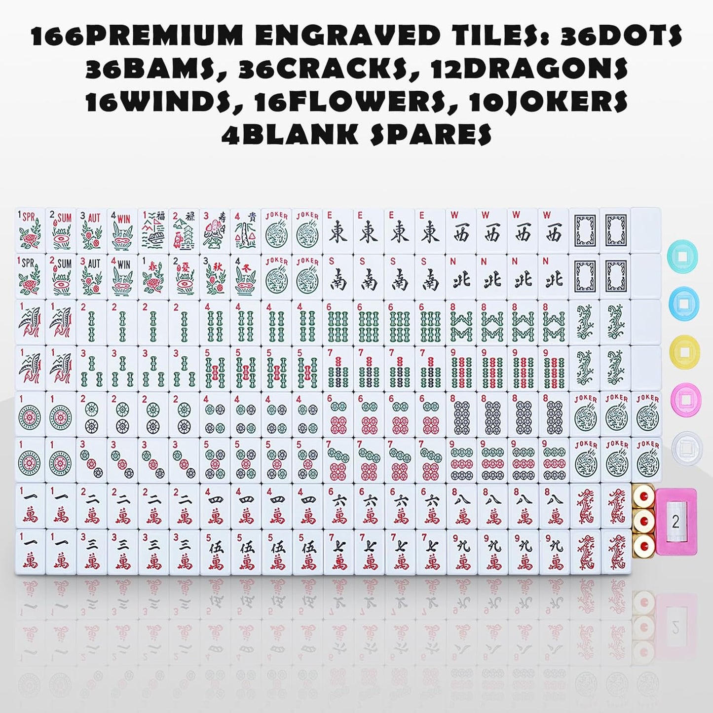 New American Mahjong Game Set, 166 Premium White Tiles with Portable Metal Dices, 4 All-in-One Racks with Pushers, Mah-Jong Games Sets, Ma Jong Tile Game (Blue)