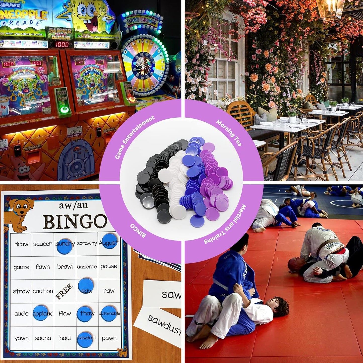 Set of 100 Opaque Plastic Learning Counters Mini Poker Chips Game Tokens with Storage Box (Black+White+Blue+Purple, 1 Inch)