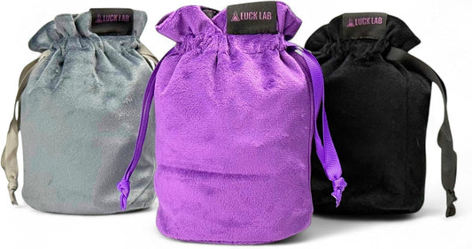 Luck Lab Velvet Drawstring Dice Bag - Set of Three Colors - Dungeons and Dragons Fabric/Standing Cotton Fabric Dice Bags/D&D Dice Pouch/Small Pouch/Velvet Jewelry Bag (Purple, Black, Grey)