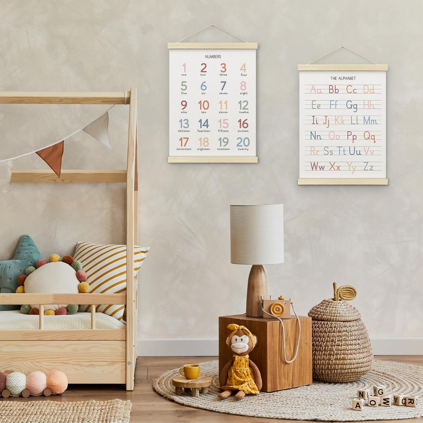 BONETAT Numbers alphabet poster for Nursery Toddlers, Play Room Wall Decor, ABC Wall Chart, Wall Hanging Decor for Toddler Playroom Decor Kids Wall Decor, Wooden Alphabet Banner-A02