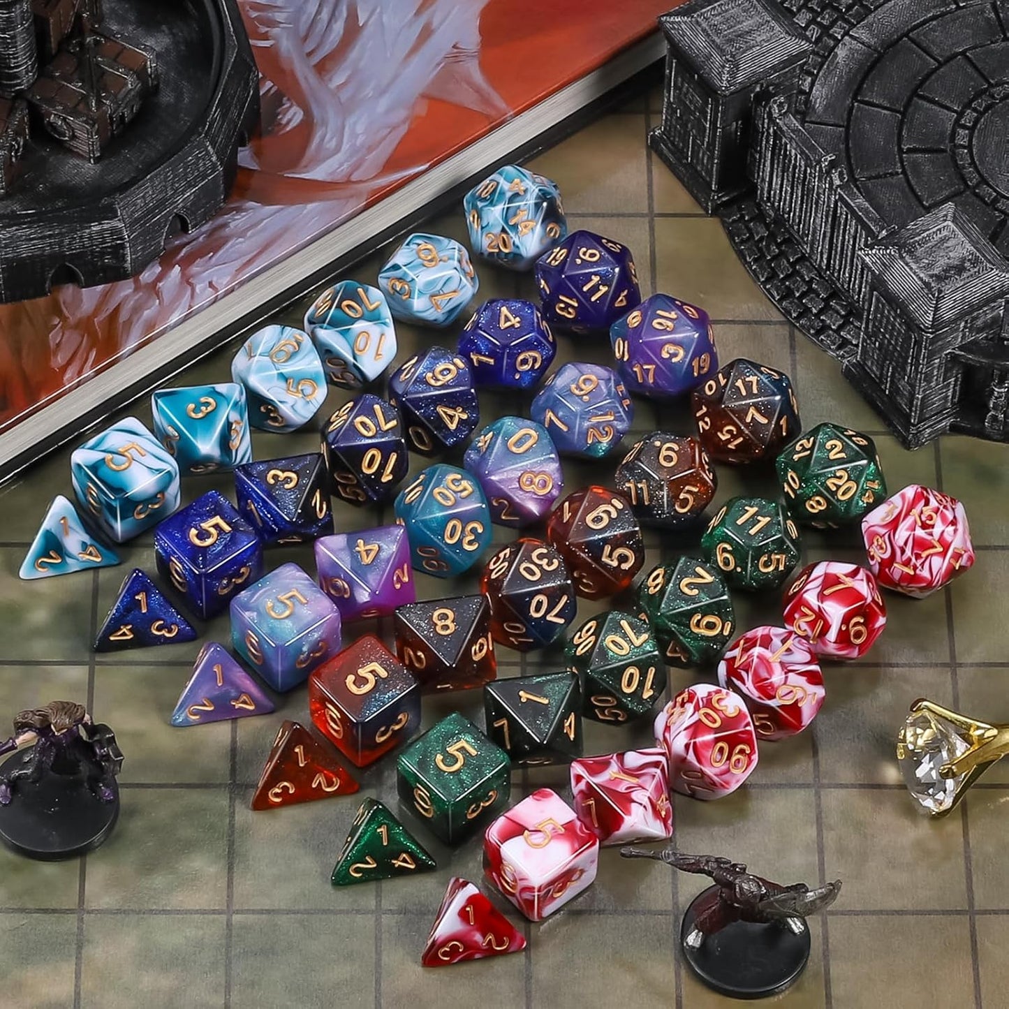 CiaraQ DND Dice Set, Double-Colors Polyhedral Dice (42 Pieces) with 6 Pattern Bags and PU Leather Tray for Dungeons Dragons D&D RPG MTG Table Games