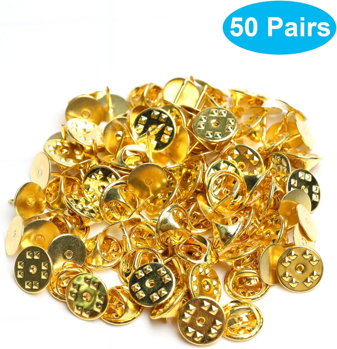 50 Pairs Premium Butterfly Clutch Pin Backs with 8mm Length 10mm Width Blank Pins for DIY Enamel Pins, Jewelry Craft Gifts, or Tie Tack Keeper Replacements (Gold)