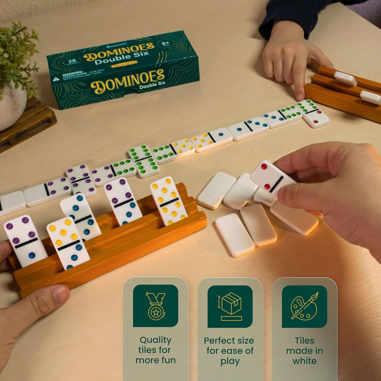 Queensell Dominos Set for Adults with Colored Dots - Double 6 Dominoes Set is a Classic Board Games for Kids and Adults - Double Six Standard Dominos Set 28 Tiles