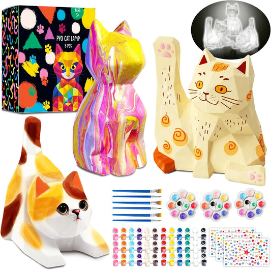 FUNZBO 3pcs Paint Your Own Cat Lamp Kit - Halloweens Arts and Crafts Supplies Kitten Painting Kits for Kid Teen, DIY Night Light Toy for Toddlers Girl Boy Age 3 4 5 6 7 8 9 10 11 12 13 Birthday Gifts