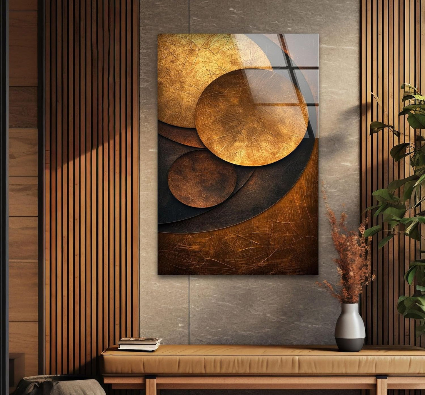 My Photostation.com Round 24'' Bronze Art Deco Geometric Motifs Glass Wall Art Tempered Glass Printing Wall Decor Large Wall Art Wall Hangings